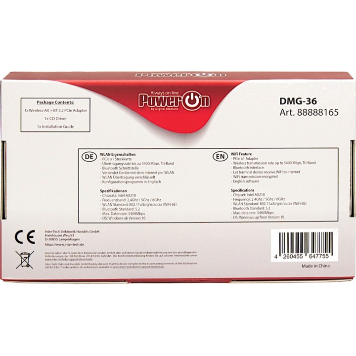 INTER-TECH Tarjeta de red inalámbrica PCIe con Bluetooth