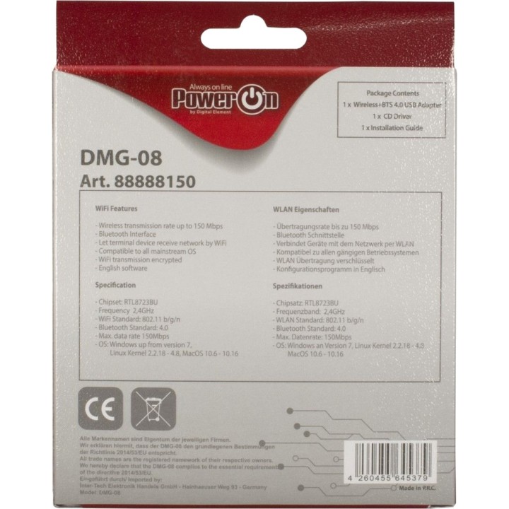 INTER-TECH Adaptador wifi y Bluetooth USB DMG-08 802.11N 150MBPS 1801851