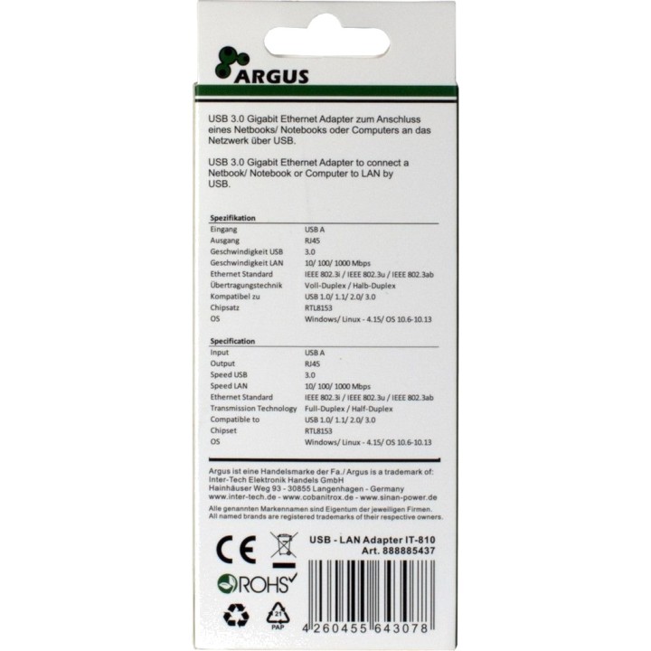 INTER-TECH USB to Ethernet network adapter ARGUS