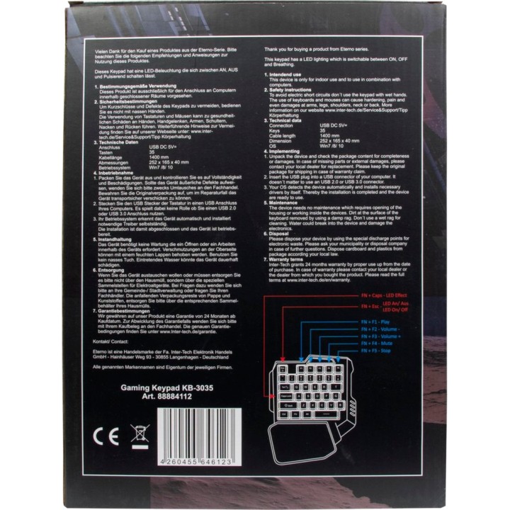 INTER-TECH Teclado gaming para una mano KB-3035-RGB-USB