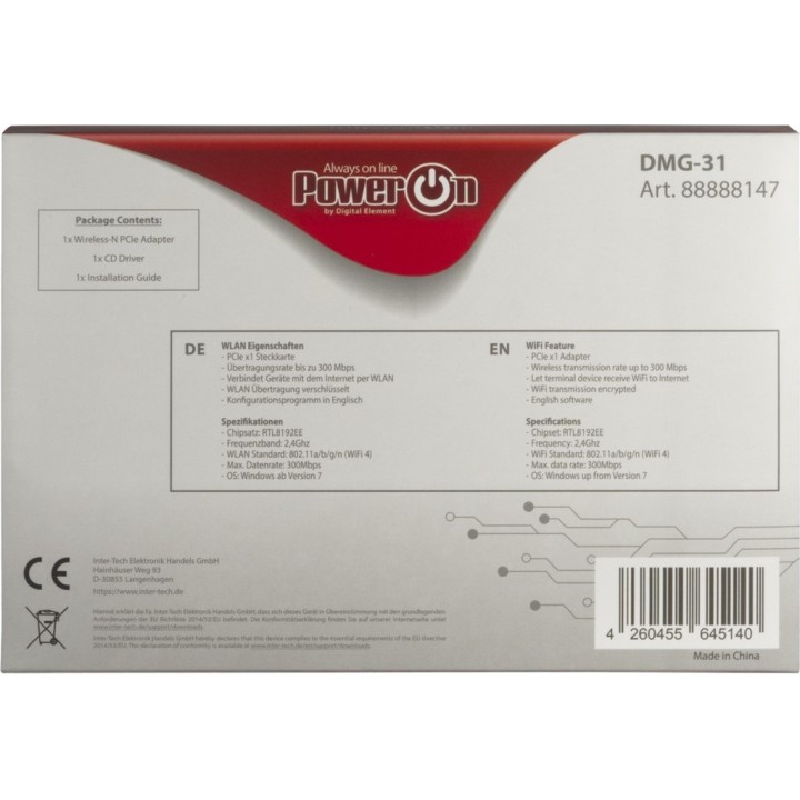 INTER-TECH Tarjeta de red WiFi PCIe interna DMG-31 802.11N 300MBPS 2,4GHZ 1692736