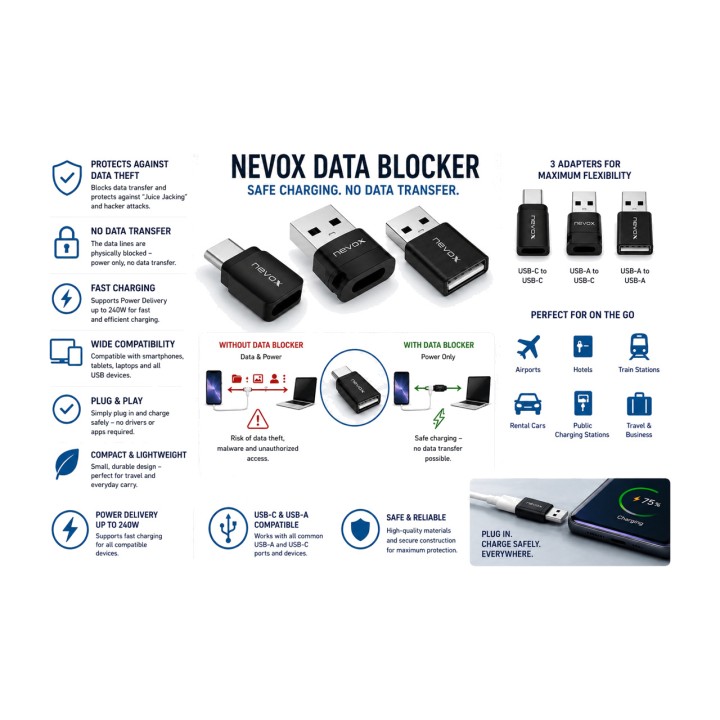 NEVOX Adaptateur bloqueur de données USB DATA-BLOCKER 3 UDS