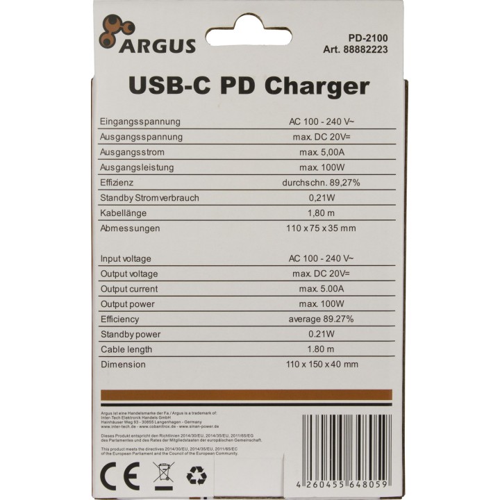 INTER-TECH Caricabatterie USB-C per laptop e cellulare ARGUS