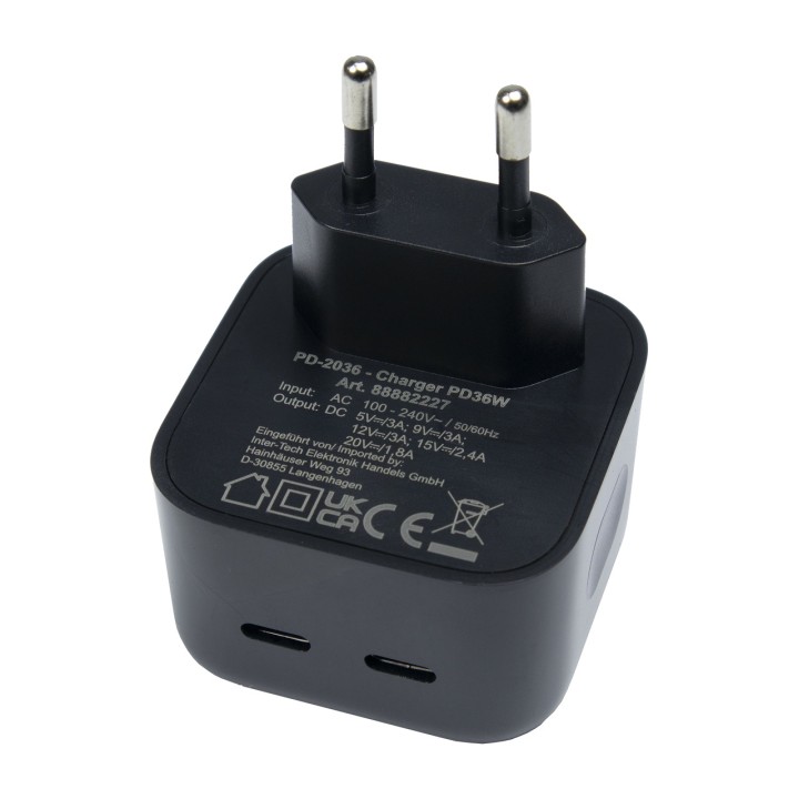INTER-TECH Cargador USB-C de pared 2 puertos PD-2036 36W