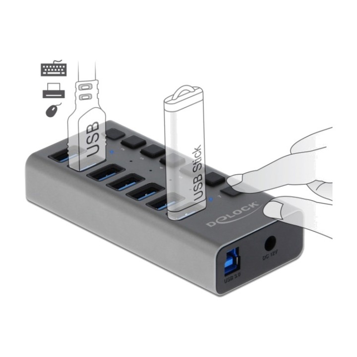 DELOCK Hub USB de 7 puertos con alimentación externa 3.2