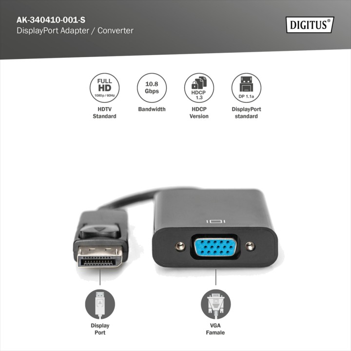 DIGITUS Adaptador conversor DisplayPort a VGA DP 1.1A 0,15M