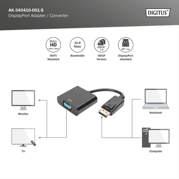 DIGITUS Adaptador conversor DisplayPort a VGA DP 1.1A 0,15M