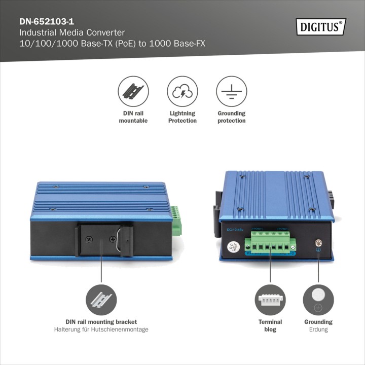 DIGITUS Industrial copper-to-fiber media converter