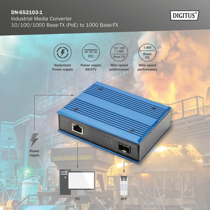 DIGITUS Convertidor de medios industrial cobre a fibra