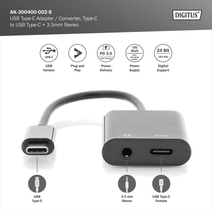 DIGITUS USB-C splitter adapter to 3.5 mm jack and charging