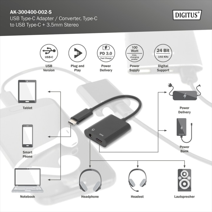 DIGITUS USB-C splitter adapter to 3.5 mm jack and charging
