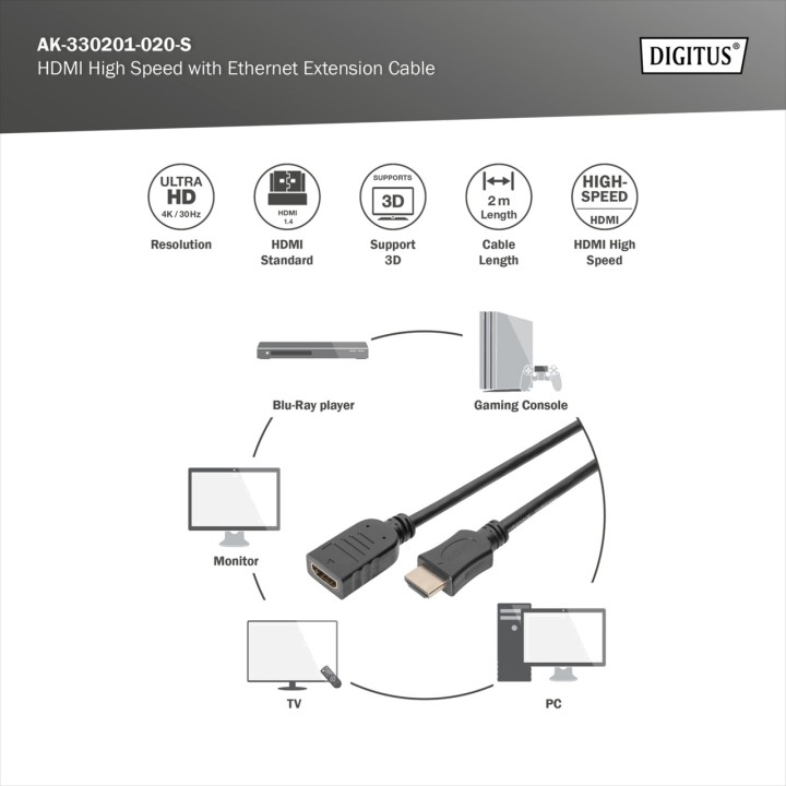 DIGITUS High-Speed-Verlängerungskabel mit Ethernet, Stecker