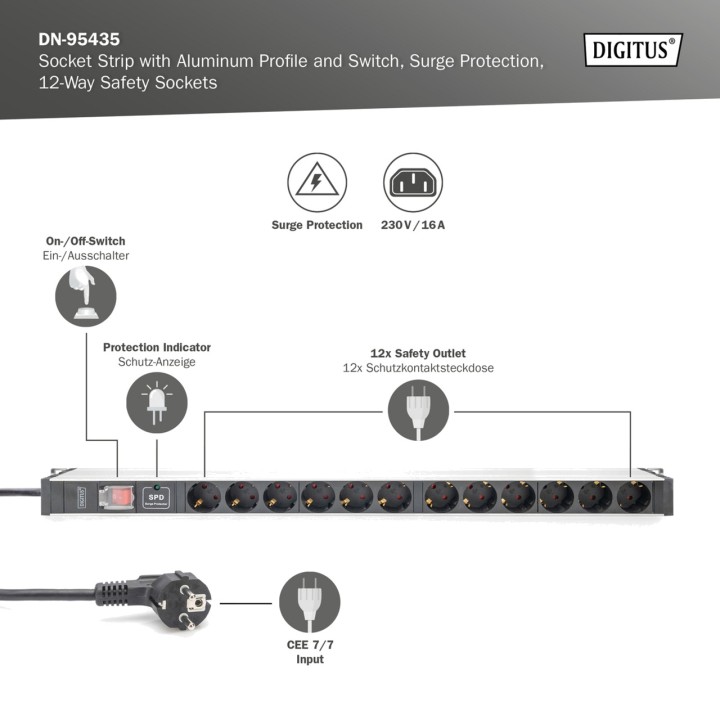 DIGITUS Multiprise PDU avec interrupteur et protection