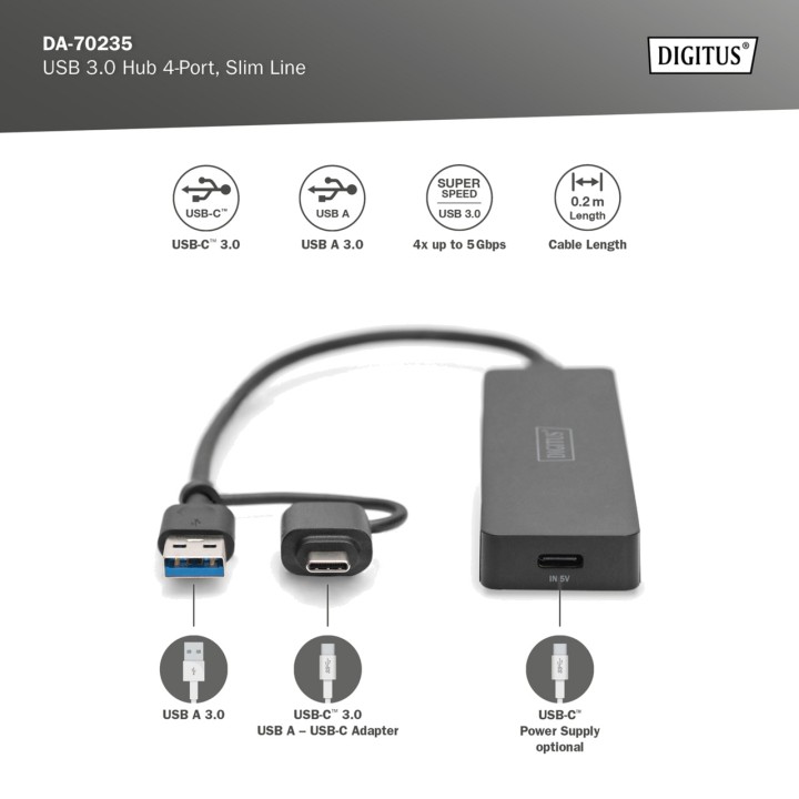 DIGITUS Hub USB fin à 4 ports 3.0 100156315