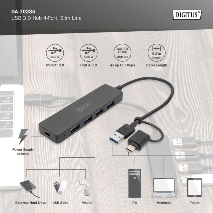 DIGITUS Hub USB sottile a 4 porte 3.0 100156315