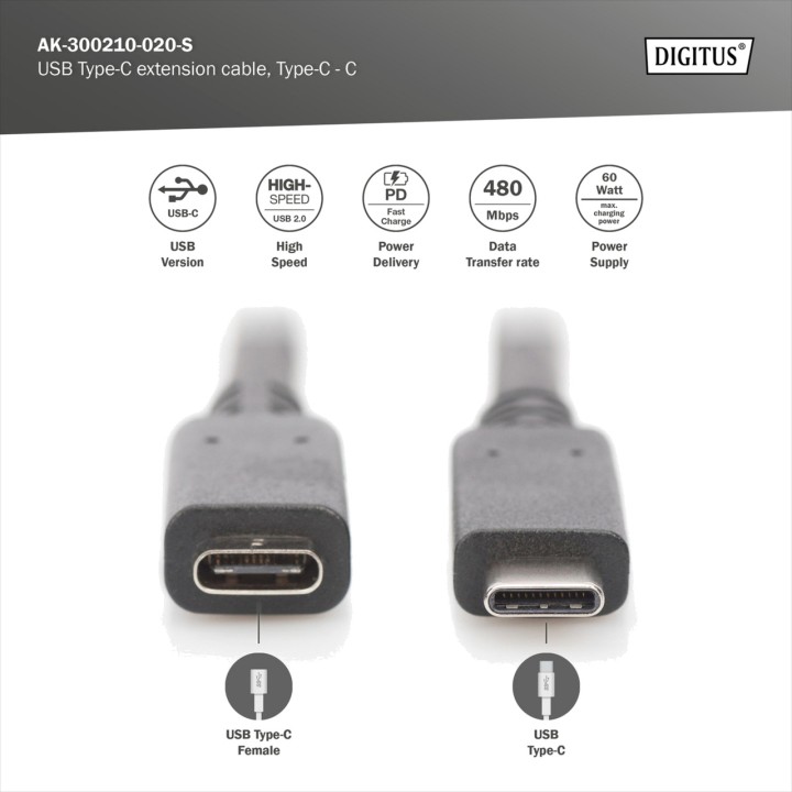 DIGITUS Type-C male-to-female extension cable USB-2.0 PD 60W
