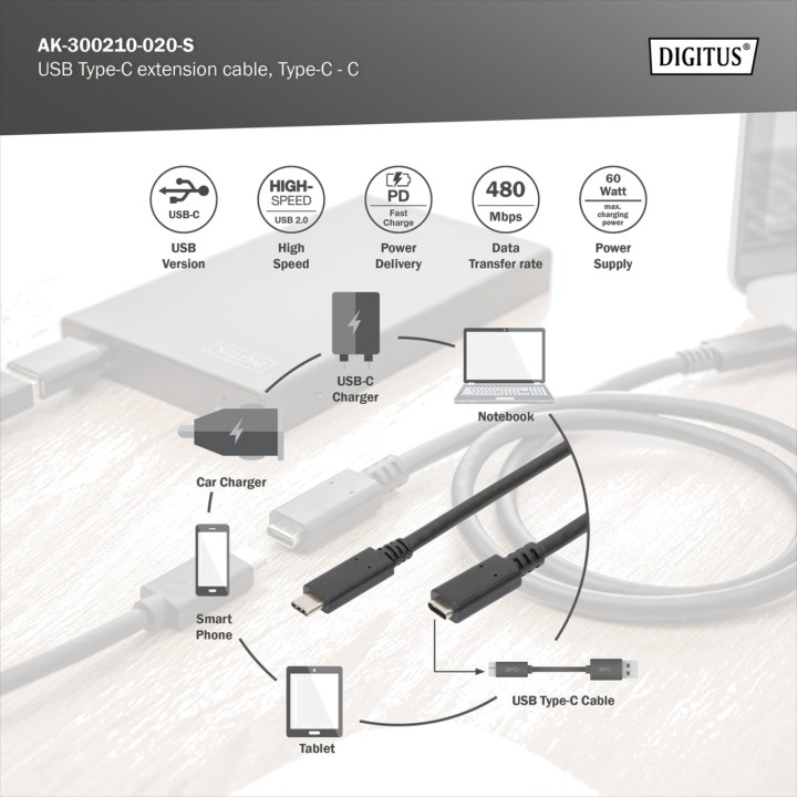 DIGITUS Cavo di prolunga Type-C maschio-femmina USB-2.0 PD