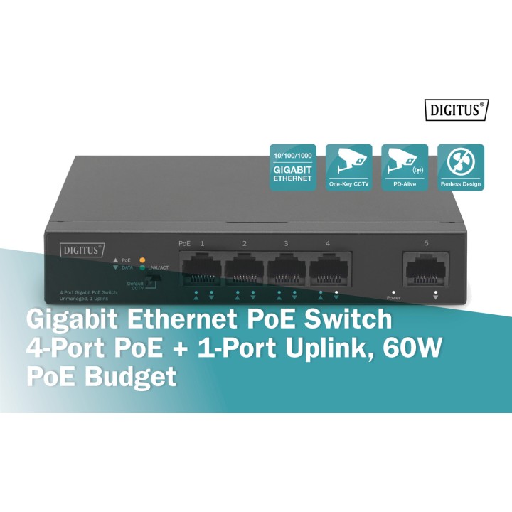 DIGITUS Switch di rete PoE a 5 porte GIGABIT-60W 100156195