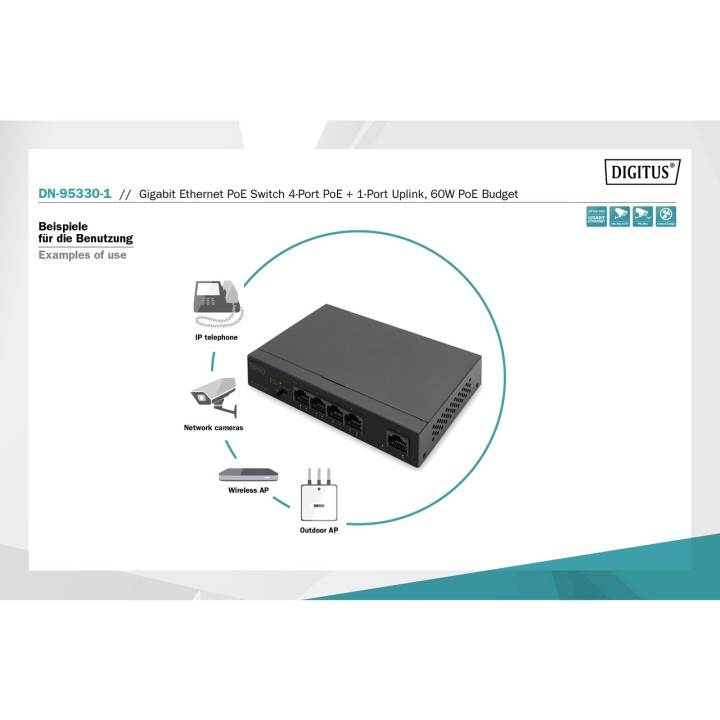 DIGITUS Switch di rete PoE a 5 porte GIGABIT-60W 100156195