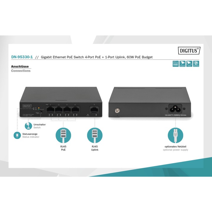 DIGITUS 5-Port-PoE-Netzwerk-Switch GIGABIT-60W 100156195