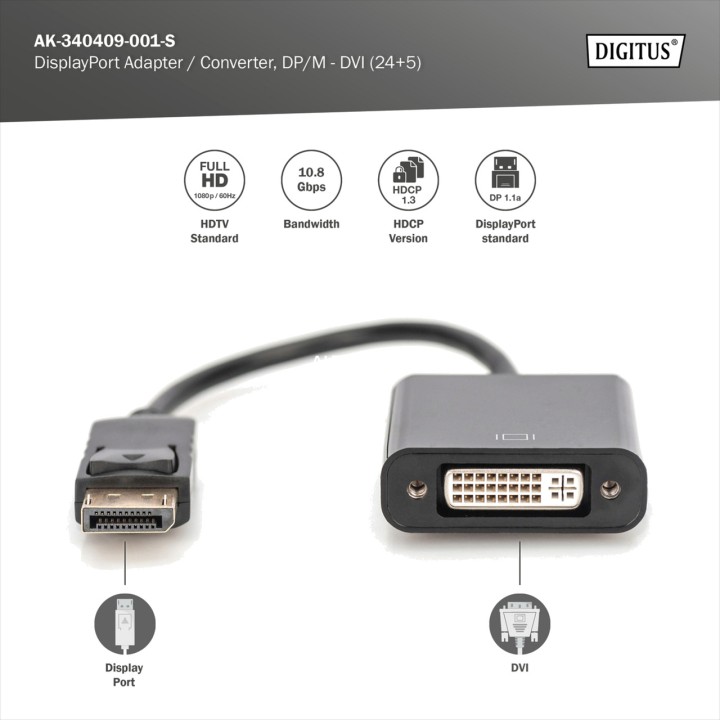 DIGITUS Adattatore convertitore da DisplayPort a DVI DP 1.1A