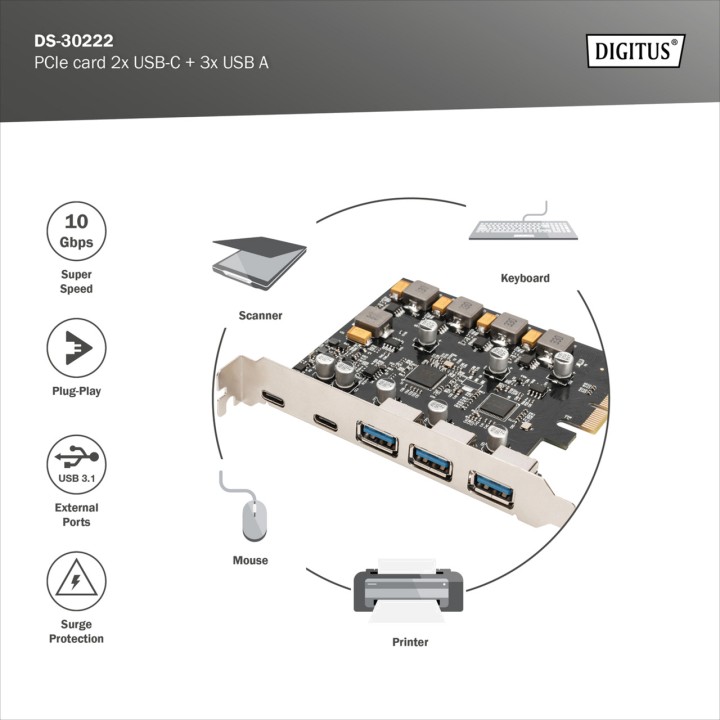 DIGITUS Scheda controller PCIe con 5 porte USB X4 10GBPS