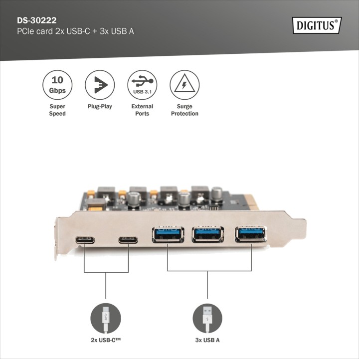 DIGITUS PCIe-Controllerkarte mit 5 USB-Anschlüssen X4 10GBPS