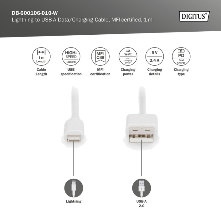 DIGITUS Zertifiziertes Lade- und Datenkabel USB-2.0