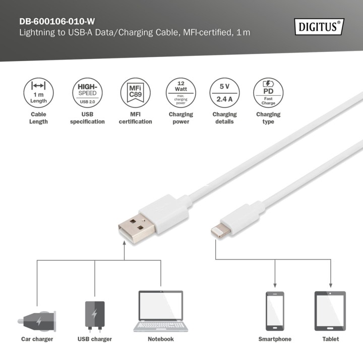 DIGITUS Cavo di ricarica e dati certificato USB-2.0