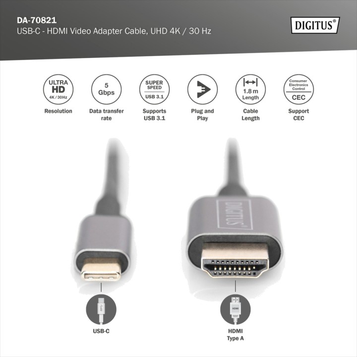 DIGITUS Câble adaptateur USB-C vers HDMI 4K 30HZ 1,8M