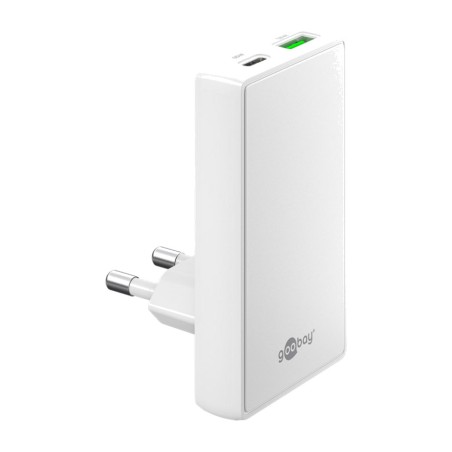 cargador rápido de pared plano de 2 puertos usb-c/usb-a pd gan 65w 90°