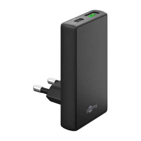 cargador rápido de pared plano de 2 puertos usb-c/usb-a pd gan 65w 90°
