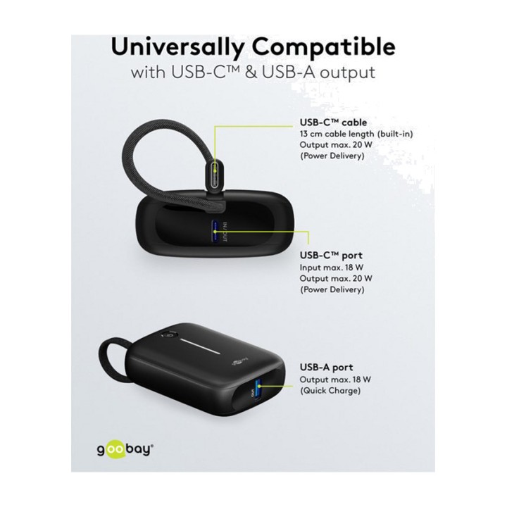 GOOBAY Powerbank mit integriertem USB-C-Kabel 10000MAH 20W