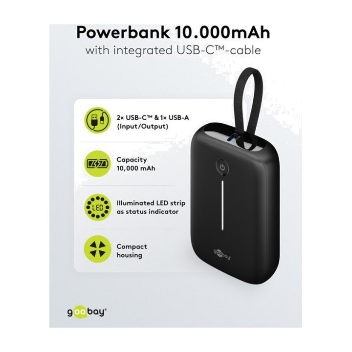 GOOBAY Batería externa con cable USB-C integrado 10000MAH