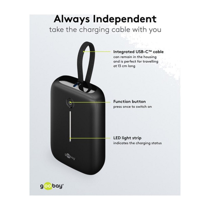 GOOBAY Batterie externe avec câble USB-C intégré 10000MAH