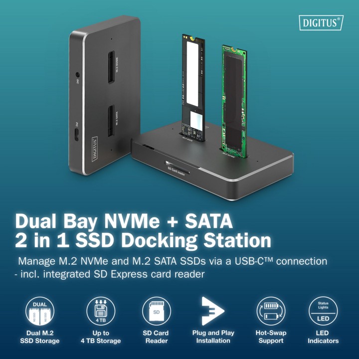DIGITUS Docking station for 2 M.2 NVMe and SATA SSDs with SD
