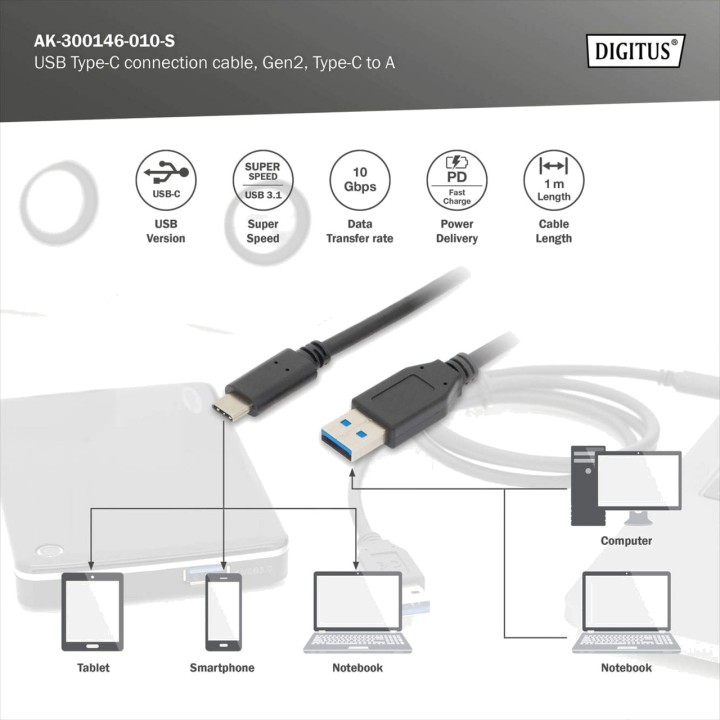 DIGITUS Cable USB-A a USB-C 3.2 GEN2 1M 100159497