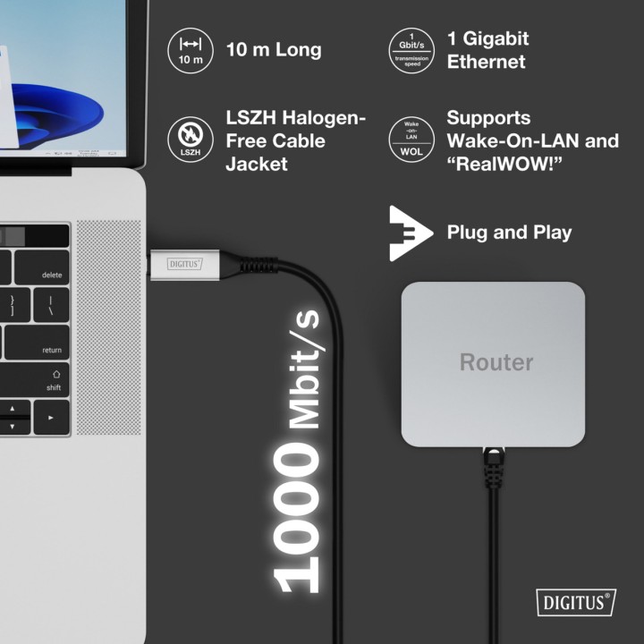 DIGITUS Câble adaptateur USB-C vers Ethernet RJ45 1GBPS