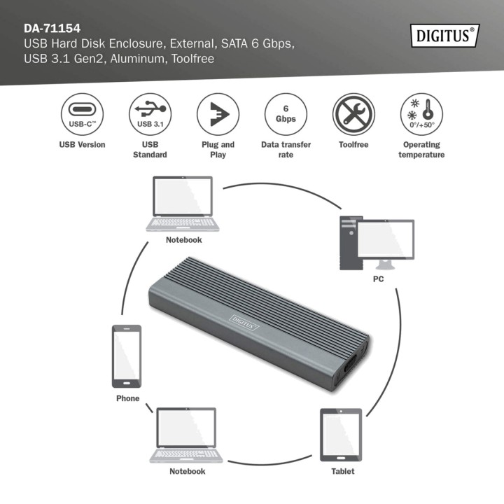 DIGITUS Yderlig kasse for SSD M.2 SATA USB-C 3.2 GEN 2