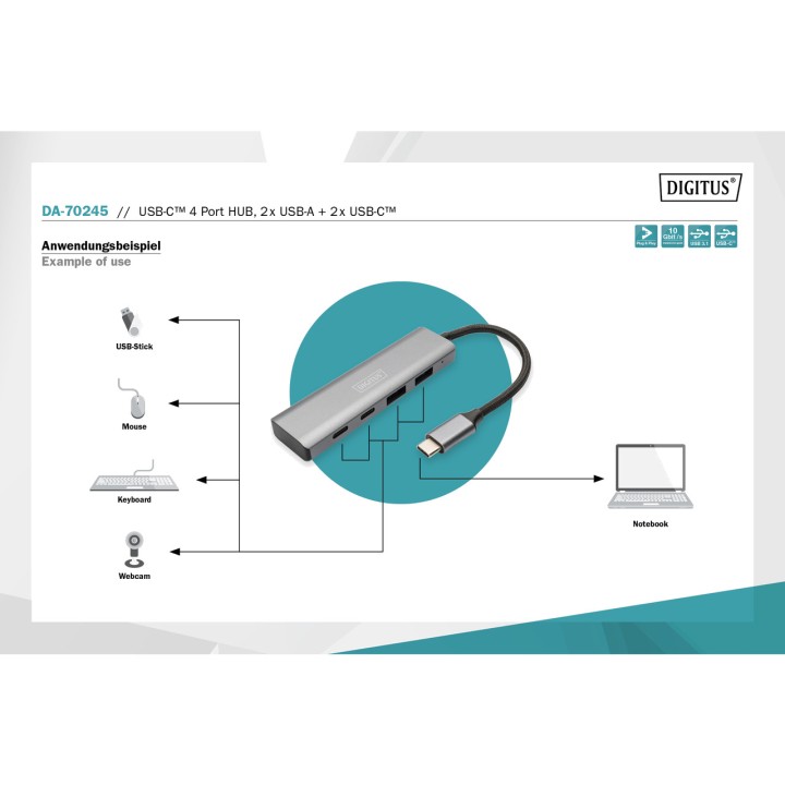 DIGITUS Hub USB-C à 4 ports 2A + 2C 10GBPS 100156316