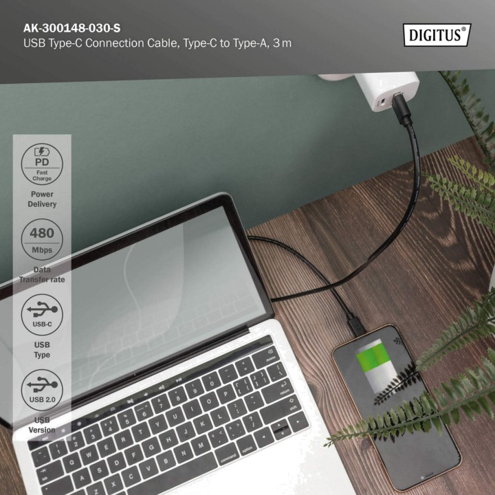 DIGITUS câble de charge et données USB-2.0 A-C PD 3M
