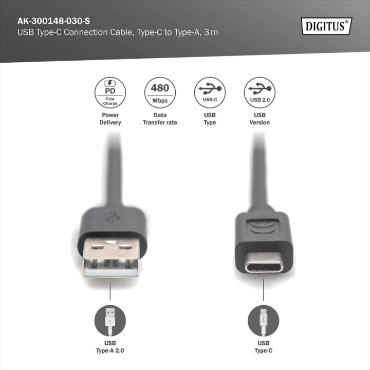 DIGITUS cavo di ricarica e dati USB-2.0 A-C PD 3M AK-300148