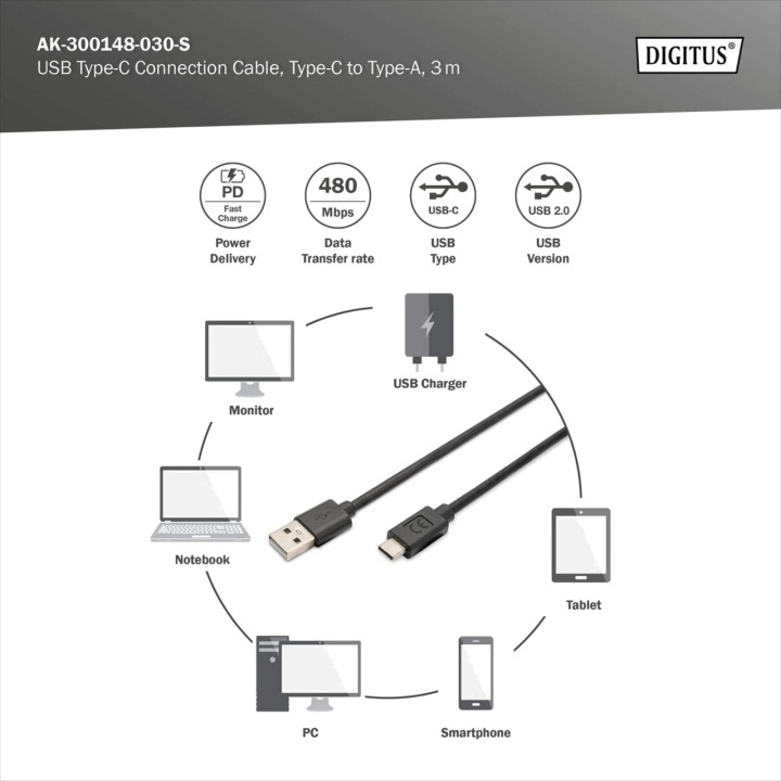 DIGITUS Cablu de încărcare și date USB-2.0 A-C PD 3M