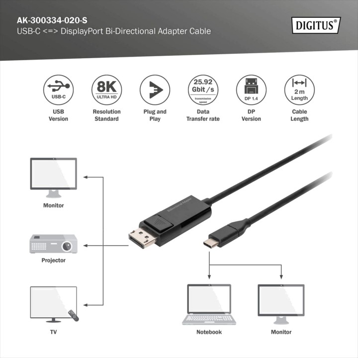 DIGITUS Cavo adattatore bidirezionale da USB-C a DisplayPort