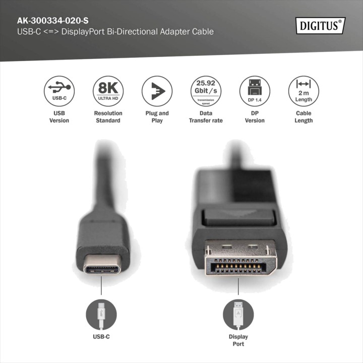 DIGITUS Cable adaptador bidireccional USB-C a DisplayPort