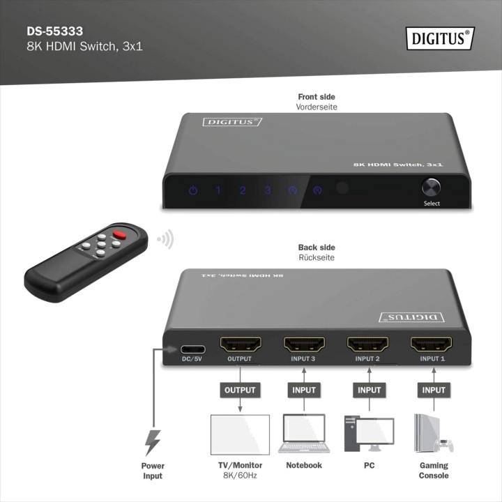 DIGITUS HDMI-Umschalter mit 3 Eingängen und 1 Ausgang sowie
