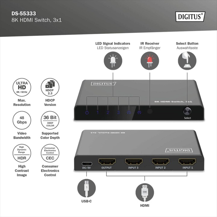 DIGITUS Conmutador HDMI de 3 entradas y 1 salida con mando