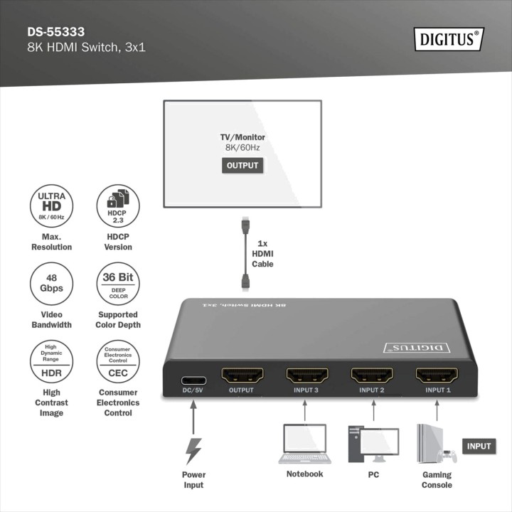 DIGITUS Switch HDMI a 3 ingressi e 1 uscita con telecomando