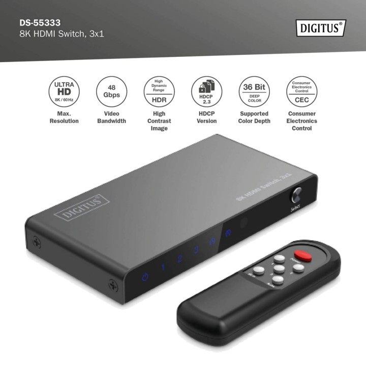 DIGITUS Switch HDMI a 3 ingressi e 1 uscita con telecomando