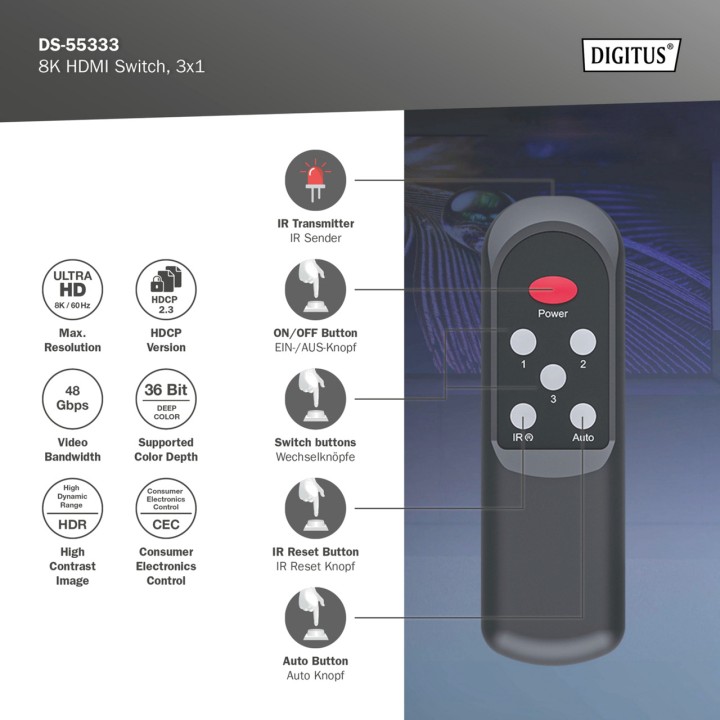 DIGITUS HDMI-Umschalter mit 3 Eingängen und 1 Ausgang sowie